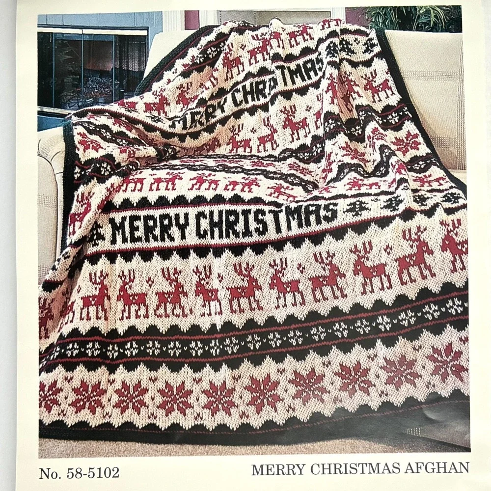 Vintage Herrschners Merry Christmas Knit Afghan Knitting Kit 50x60 Yarn Reindeer